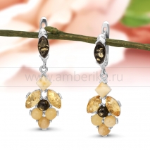 Серьги из серебра 925 пробы, украшенные природным янтарем "микс" 
