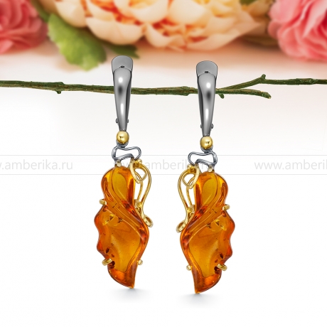 Серьги из серебра 925 пробы, украшенные коньячным природным янтарем