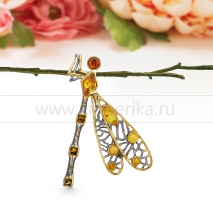 Брошь из серебра 925 пробы с природным балтийским янтарем "микс" 