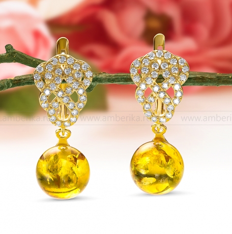 Серьги из серебра 925 пробы, украшенные золотистым янтарем