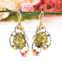Серьги "Ажур" из серебра 925 пробы, украшенные зеленым янтарем 