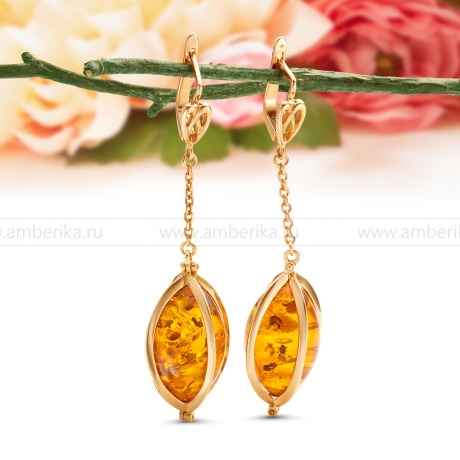 Серьги из серебра 925 пробы с золотым покрытием с золотистым янтарем