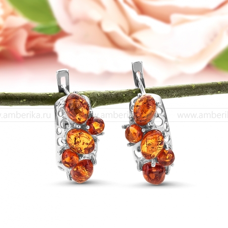 Серьги из серебра 925 пробы с коньячным природным балтийским янтарем