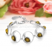 Браслет из натурального зеленого балтийского янтаря в серебре 925 пробы 