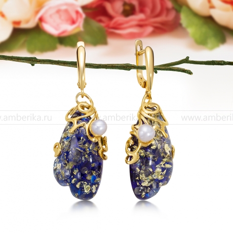 Серьги из серебра 925 пробы с синим балтийским янтарем