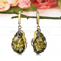 Серьги "Полночь" из серебра с зеленым балтийским янтарем 