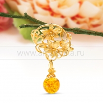 Брошь-кулон "Цветок" из серебра 925 пробы с золотистым балтийским янтарем 
