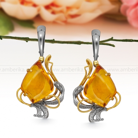 Серьги из серебра 925 пробы с коньячным балтийским янтарем