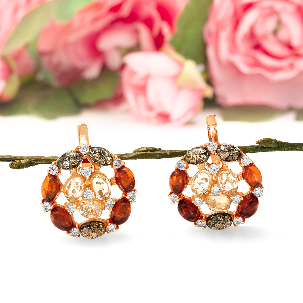 Серьги из серебра 925 пробы, украшенные природным янтарем "микс", артикул 11030