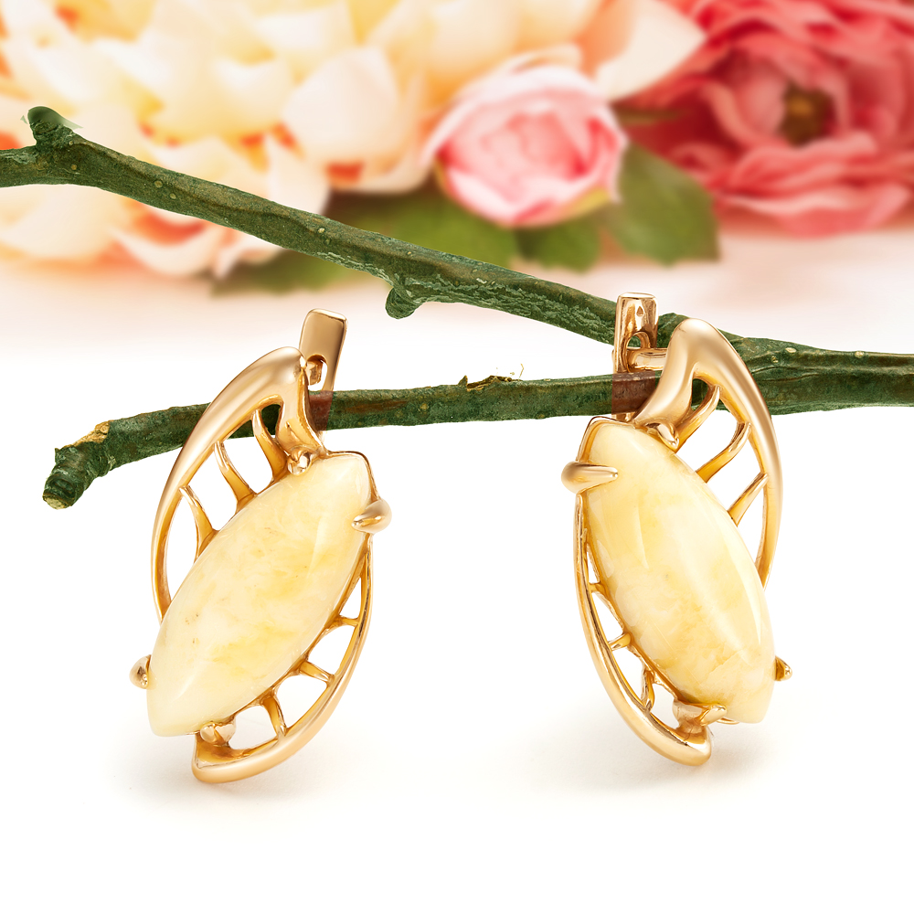 Серьги из серебра 925 пробы, украшенные лимонным природным янтарем, артикул 11739