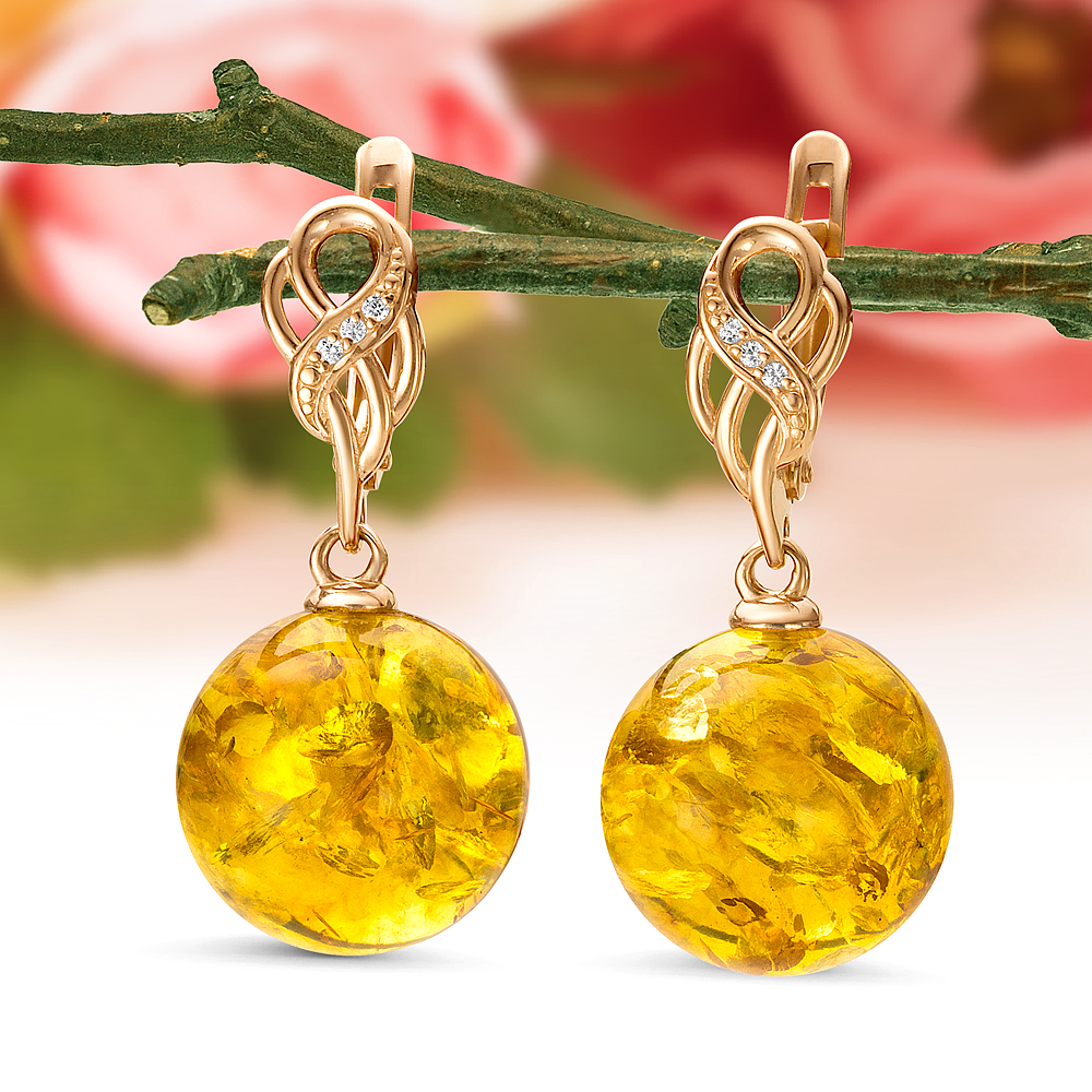 Серьги из серебра 925 пробы, украшенные золотистым янтарем, артикул 11252