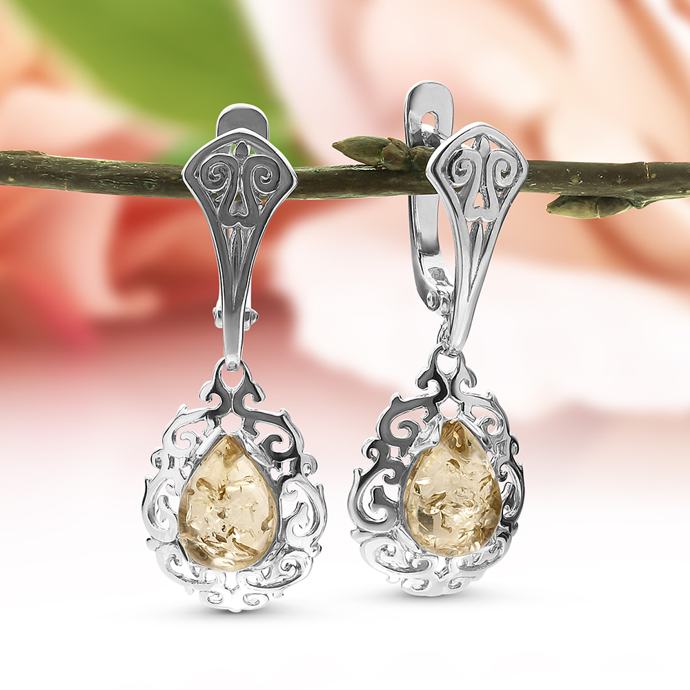 Серьги из серебра 925 пробы, украшенные лимонным природным янтарем, артикул 11165