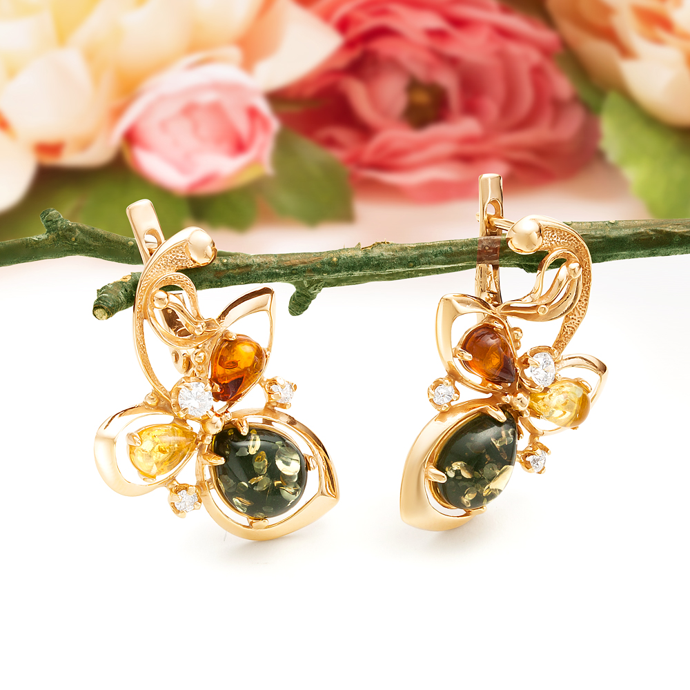 Серьги из серебра 925 пробы, украшенные природным янтарем "микс", артикул 11754