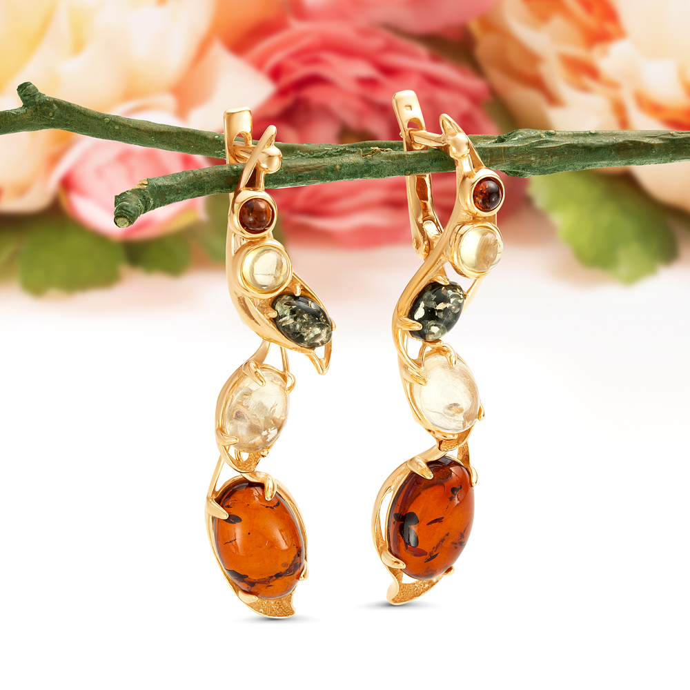 Серьги "Вираж" из серебра 925 пробы, украшенные природным янтарем "микс", артикул 11738