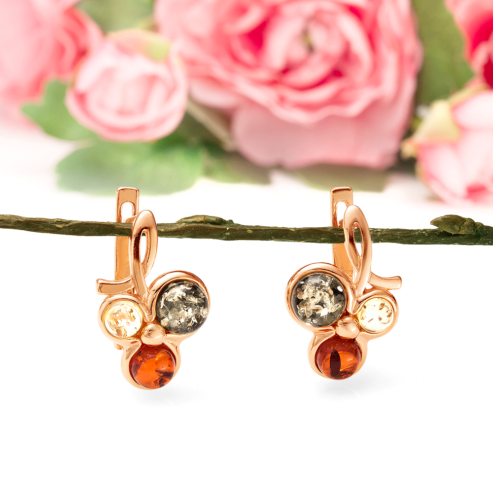 Серьги из серебра 925 пробы, украшенные природным янтарем "микс", артикул 11387