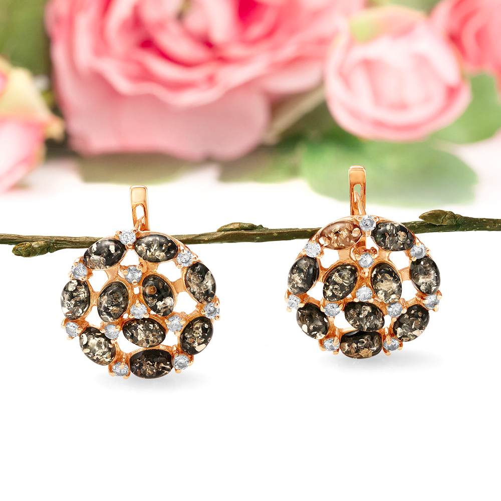 Серьги из серебра 925 пробы, украшенные зеленым балтийским янтарем, артикул 10821