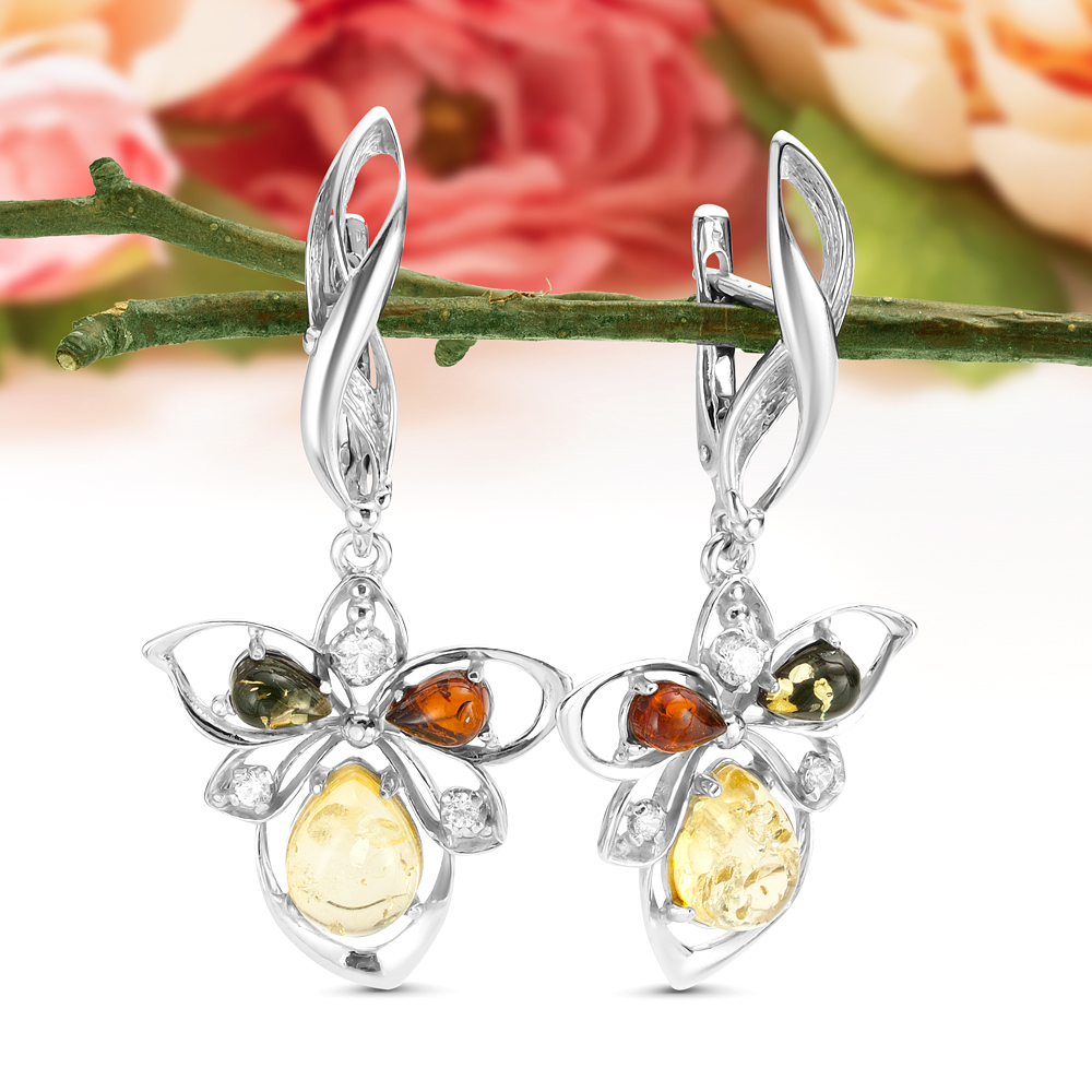 Серьги из серебра 925 пробы, украшенные природным янтарем "микс", артикул 11823