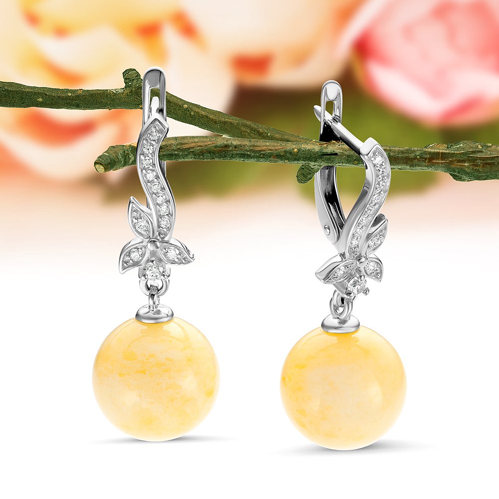 Серьги из серебра 925 пробы, украшенные лимонным янтарем, артикул 11036