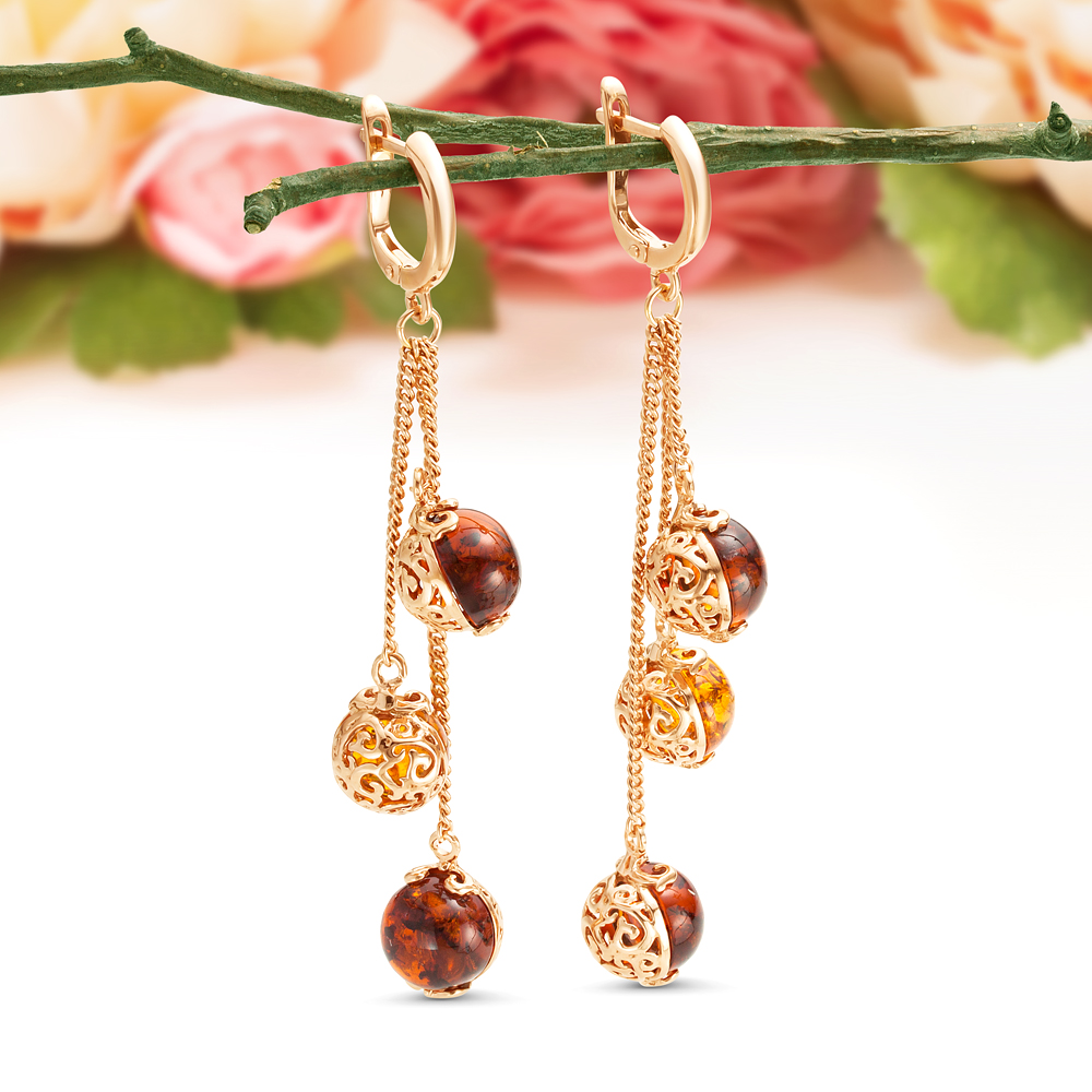 Серьги "Фаберже" из серебра 925 пробы, украшенные природным янтарем "микс", артикул 11781