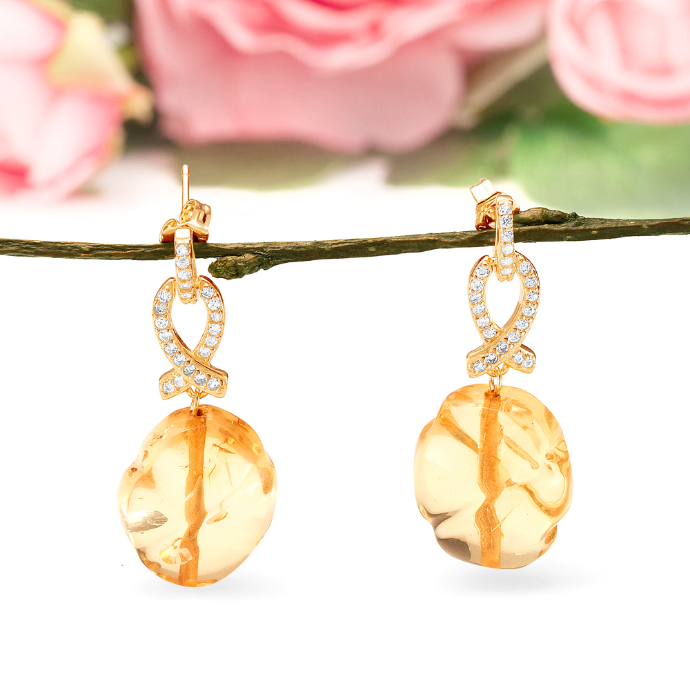 Серьги из серебра 925 пробы, украшенные золотистым янтарем, артикул 11400