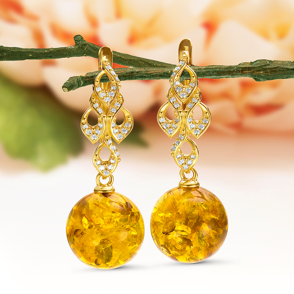 Серьги из серебра 925 пробы, украшенные золотистым янтарем, артикул 11416