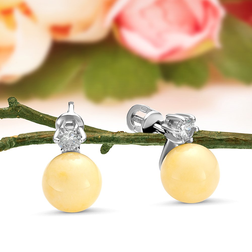 Пуссеты из серебра 925 пробы, украшенные лимонным янтарем, артикул 11253