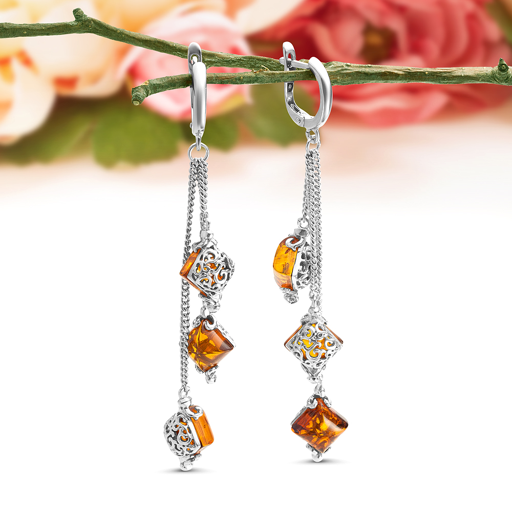Серьги "Фаберже" из серебра 925 пробы, украшенные золотистым янтарем, артикул 11831