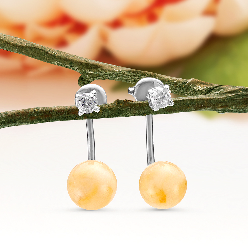 Пусеты из серебра 925 пробы, украшенные лимонным янтарем, артикул 11503