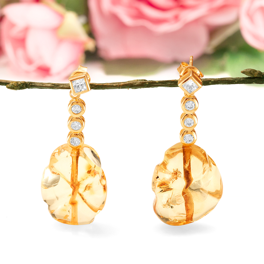 Серьги из серебра 925 пробы, украшенные золотистым янтарем, артикул 11396