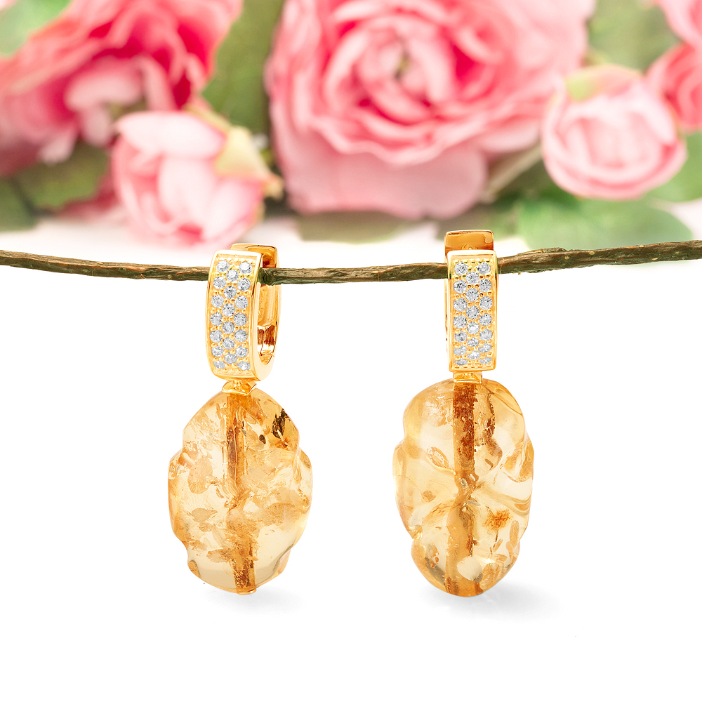 Серьги из серебра 925 пробы, украшенные золотистым балтийским янтарем, артикул 11401