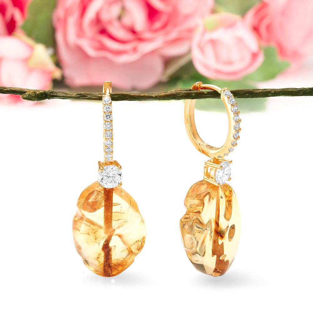 Серьги из серебра 925 пробы, украшенные золотистым янтарем, артикул 11399