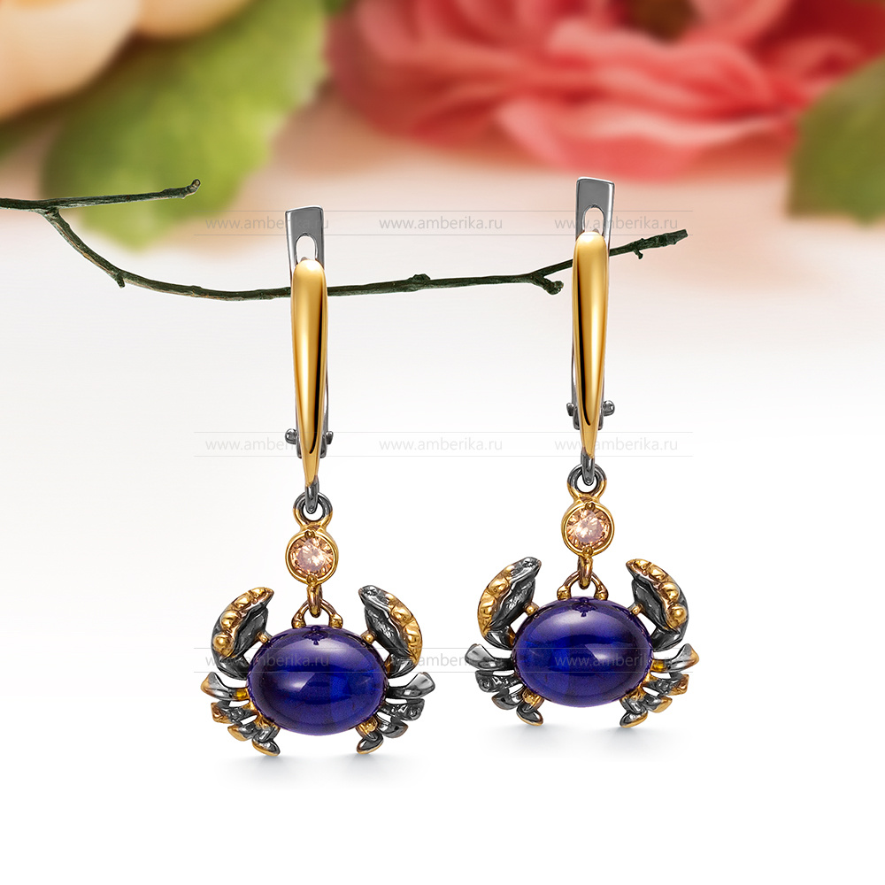 Серьги из серебра 925 пробы с синим природным балтийским янтарем, артикул 10499