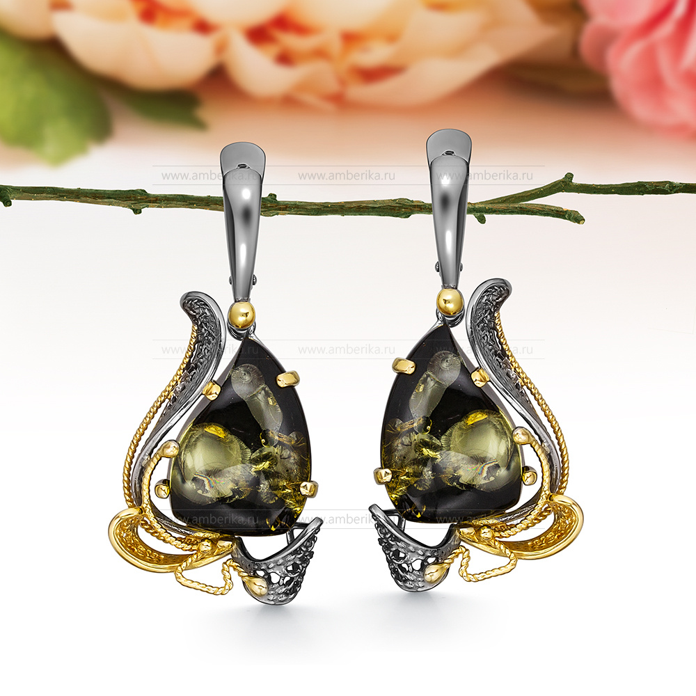 Серьги из серебра с зеленым природным балтийским янтарем, артикул 12082