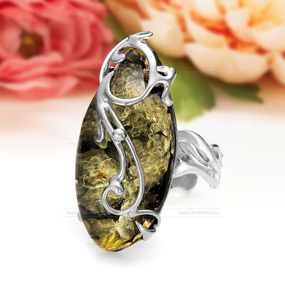 Кольцо из серебра 925 пробы с зеленым балтийским янтарем, артикул 12043