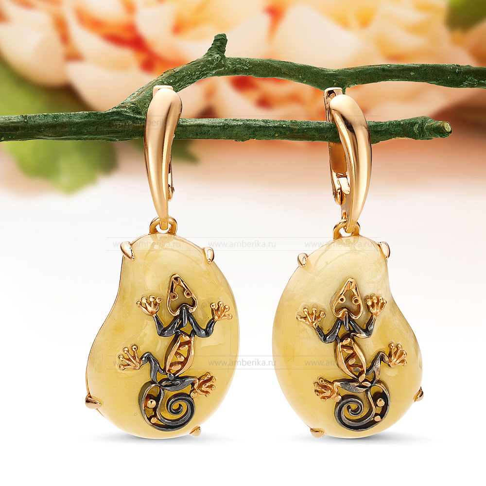 Серьги "Ящерица" из серебра 925 пробы с лимонным балтийским янтарем, артикул 12143