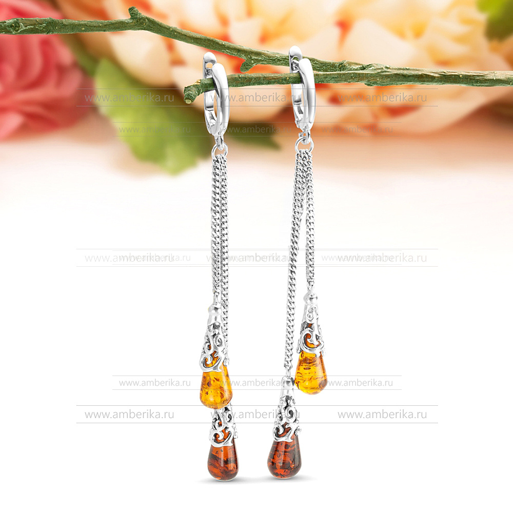 Серьги "Грезы" из серебра 925 пробы, украшенные янтарем цвета "микс", артикул 11826