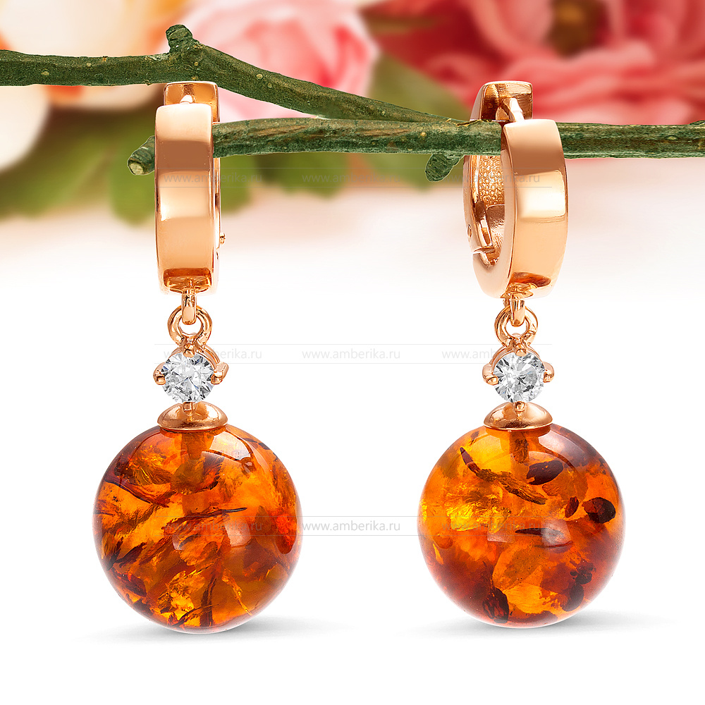 Серьги из серебра 925 пробы с коньячным балтийским янтарем, артикул 12430
