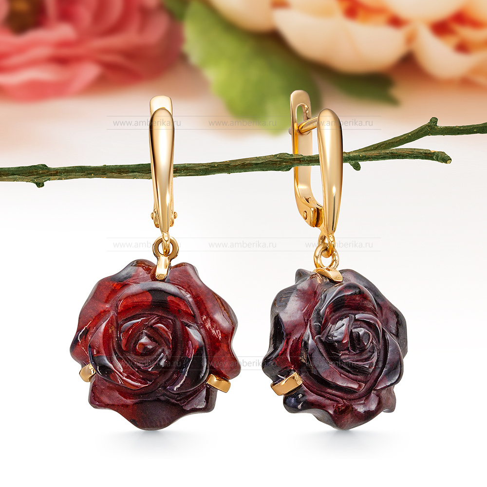 Серьги "Роза" из серебра 925 пробы с вишневым природным балтийским янтарем, артикул 12620