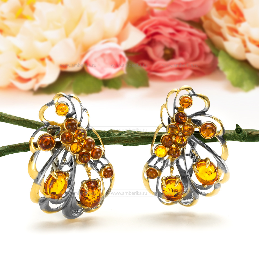 Серьги "Жар-Птица" из серебра, украшенные природным янтарем, артикул 11700