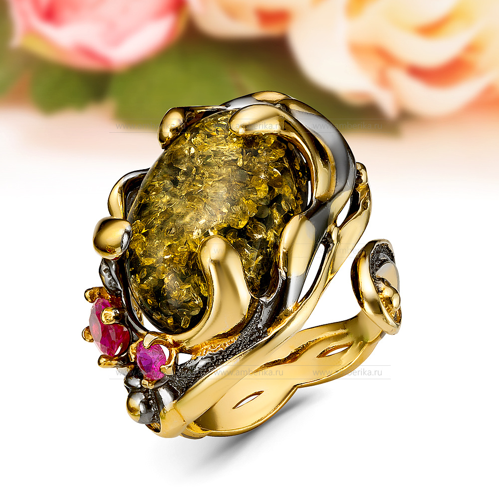 Кольцо "Ажур" из серебра с 925 пробы зеленым природным балтийским янтарем, артикул 12272