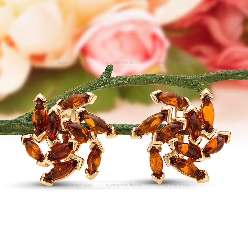Серьги из серебра 925 пробы с коньячным балтийским янтарем, артикул 12160