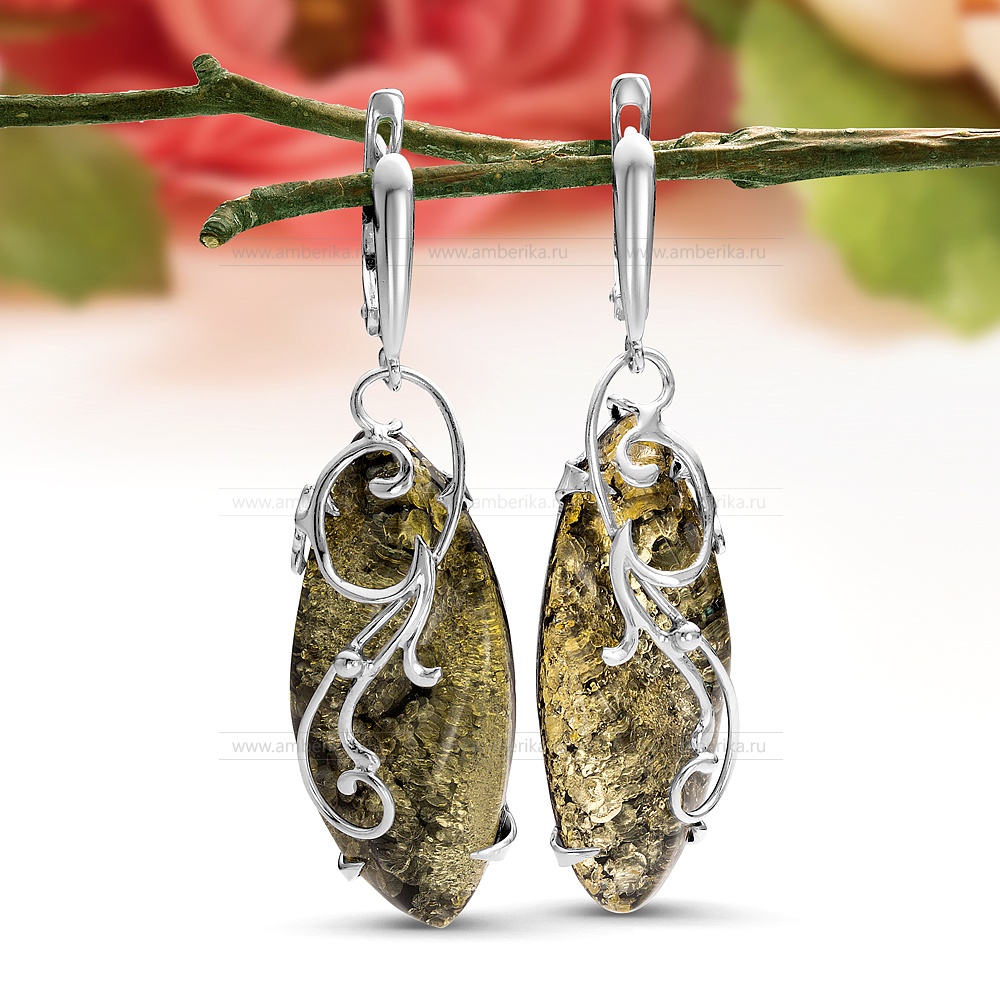 Серьги из серебра с природным балтийским янтарем, артикул 12022