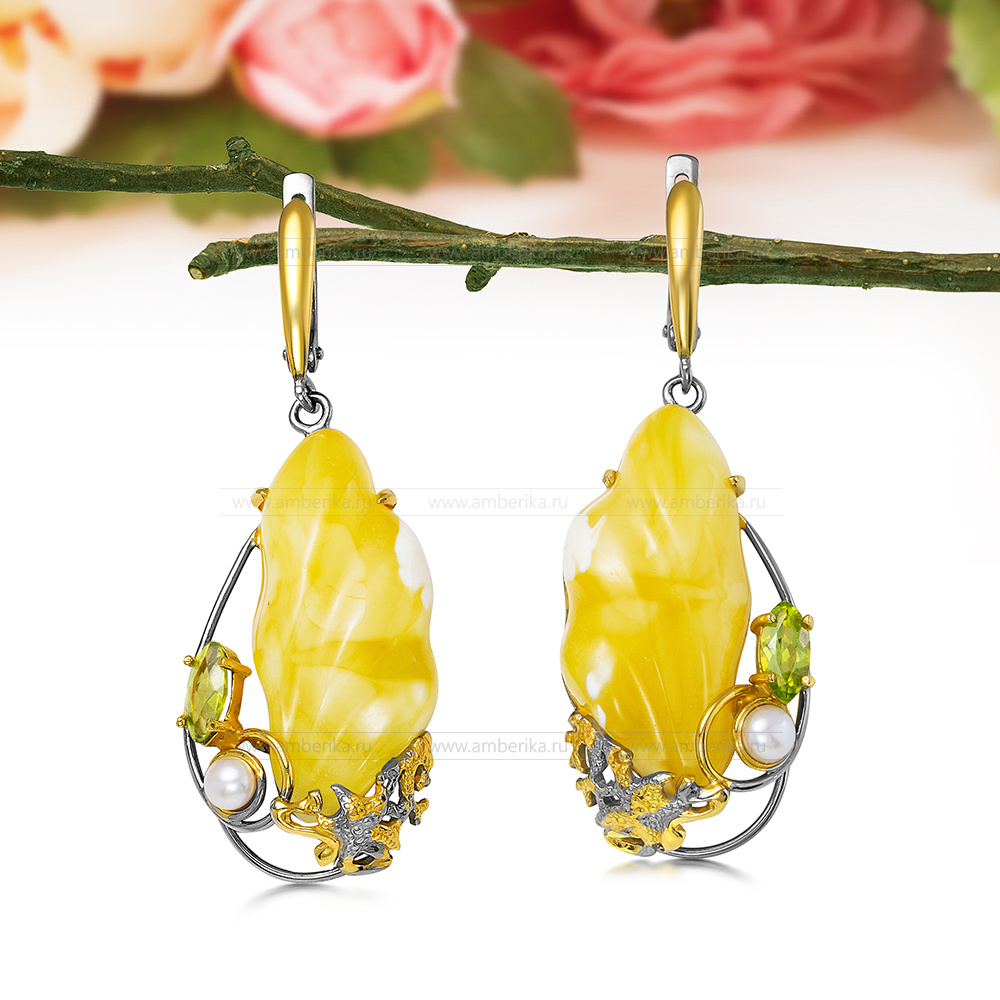 Серьги из серебра 925 пробы, украшенные лимонным янтарем, артикул 10824