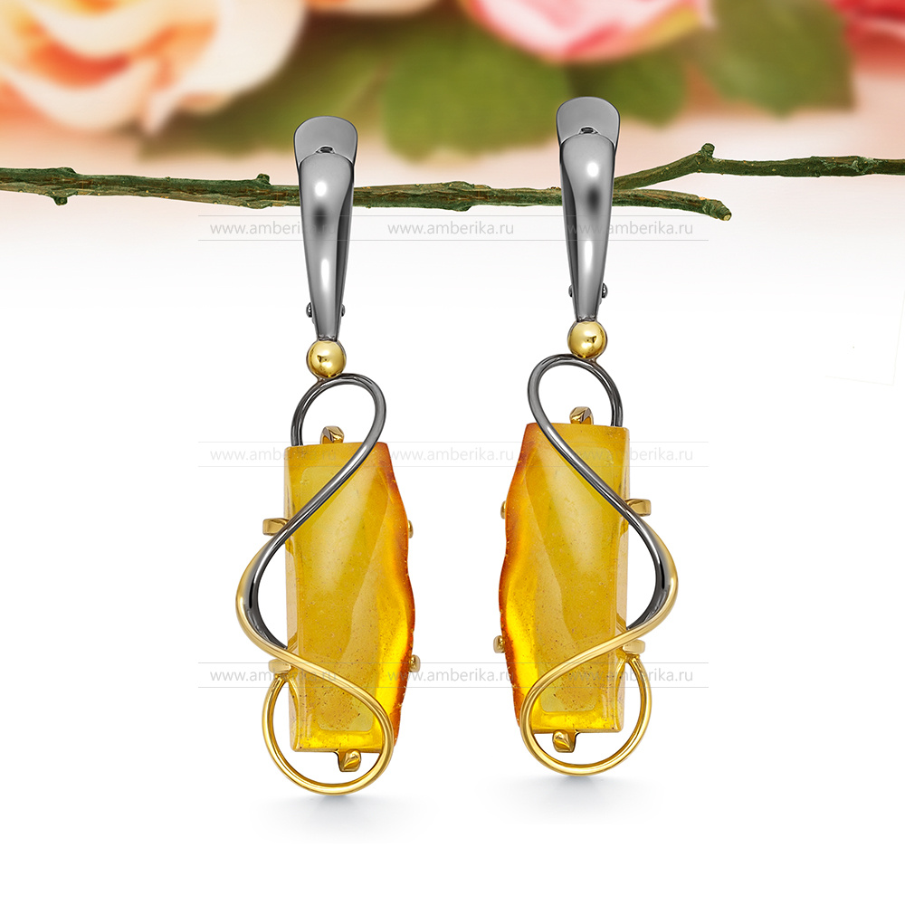 Серьги из серебра, украшенные золотистым балтийским янтарем, артикул 2208