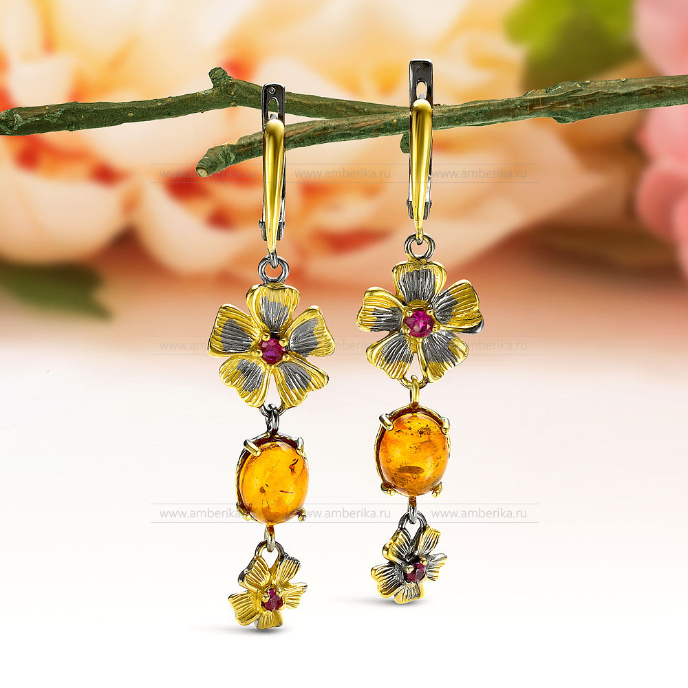 Серьги "Весенняя сказка" из серебра 925 пробы с коньячным янтарем, артикул 11383