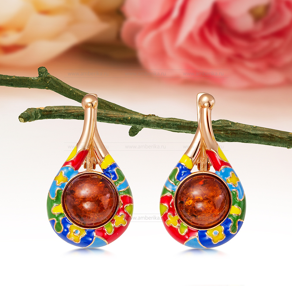 Серьги из серебра 925 пробы, украшенные коньячным янтарем, артикул 11208