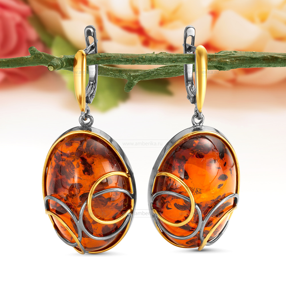 Серьги "Виктория" из серебра, украшенные коньячным природным янтарем, артикул 11693