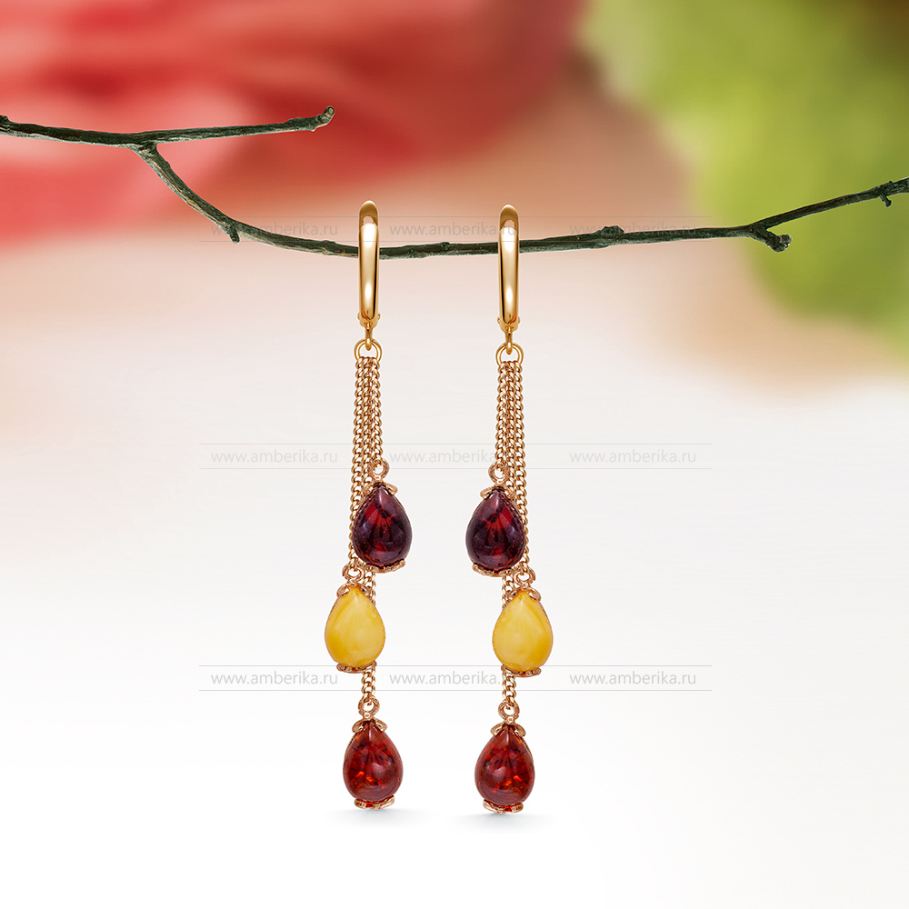Серьги "Фаберже" из серебра 925 пробы с природным янтарем "микс", артикул 11830