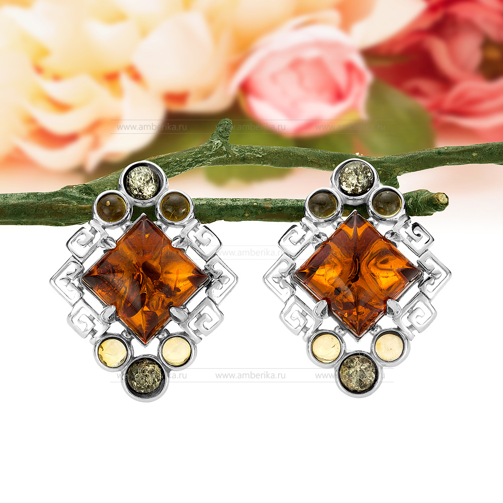 Серьги из серебра 925 пробы с природным балтийским янтарем "микс", артикул 12105