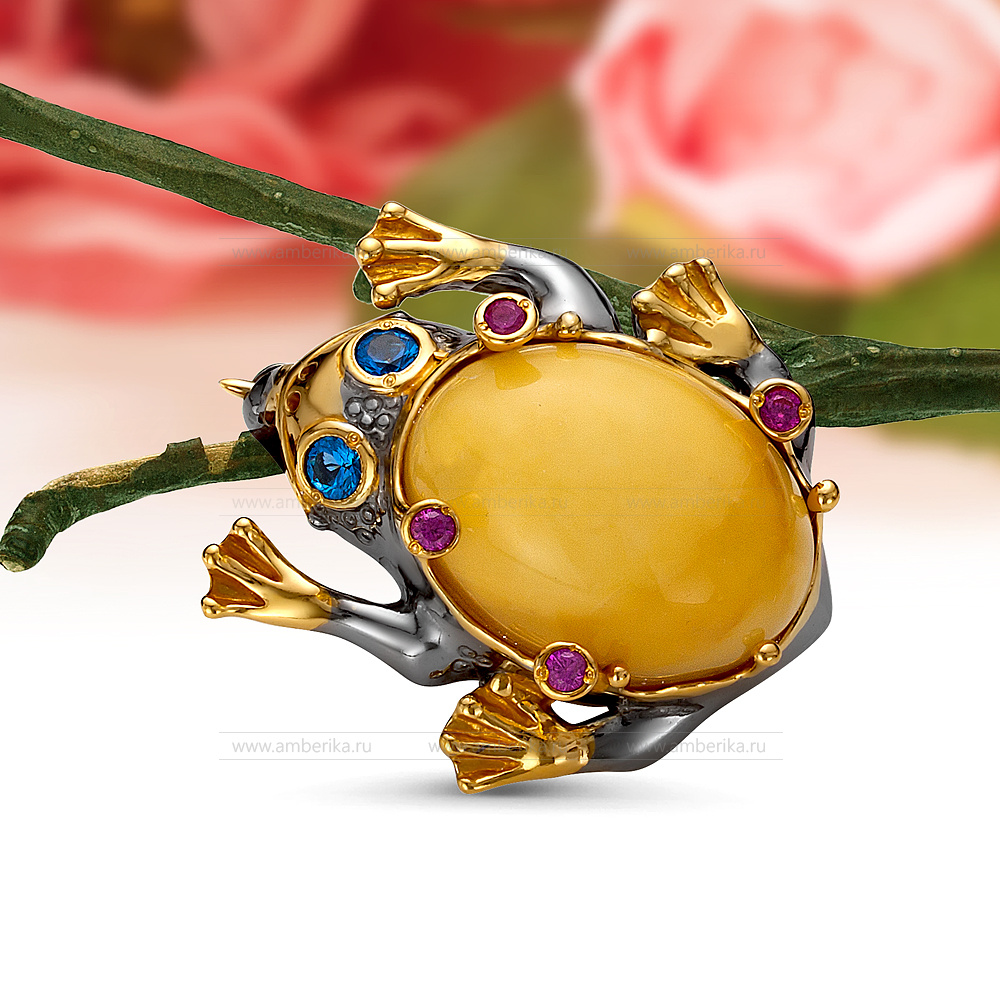 Брошь "Лягушка" из серебра 925 пробы с лимонным балтийским янтарем, артикул 11958